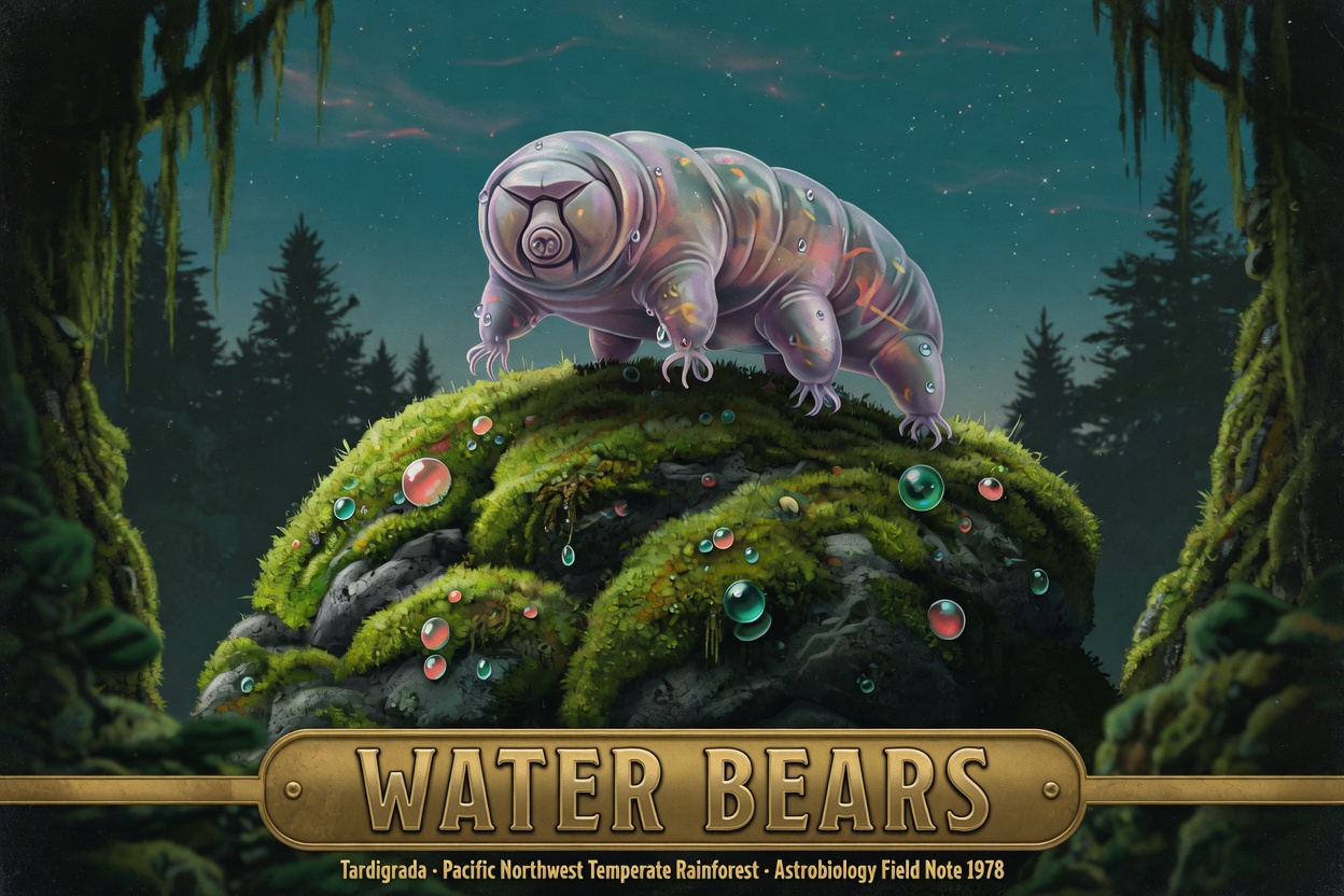 Landscape poster of a giant tardigrade on a mossy boulder