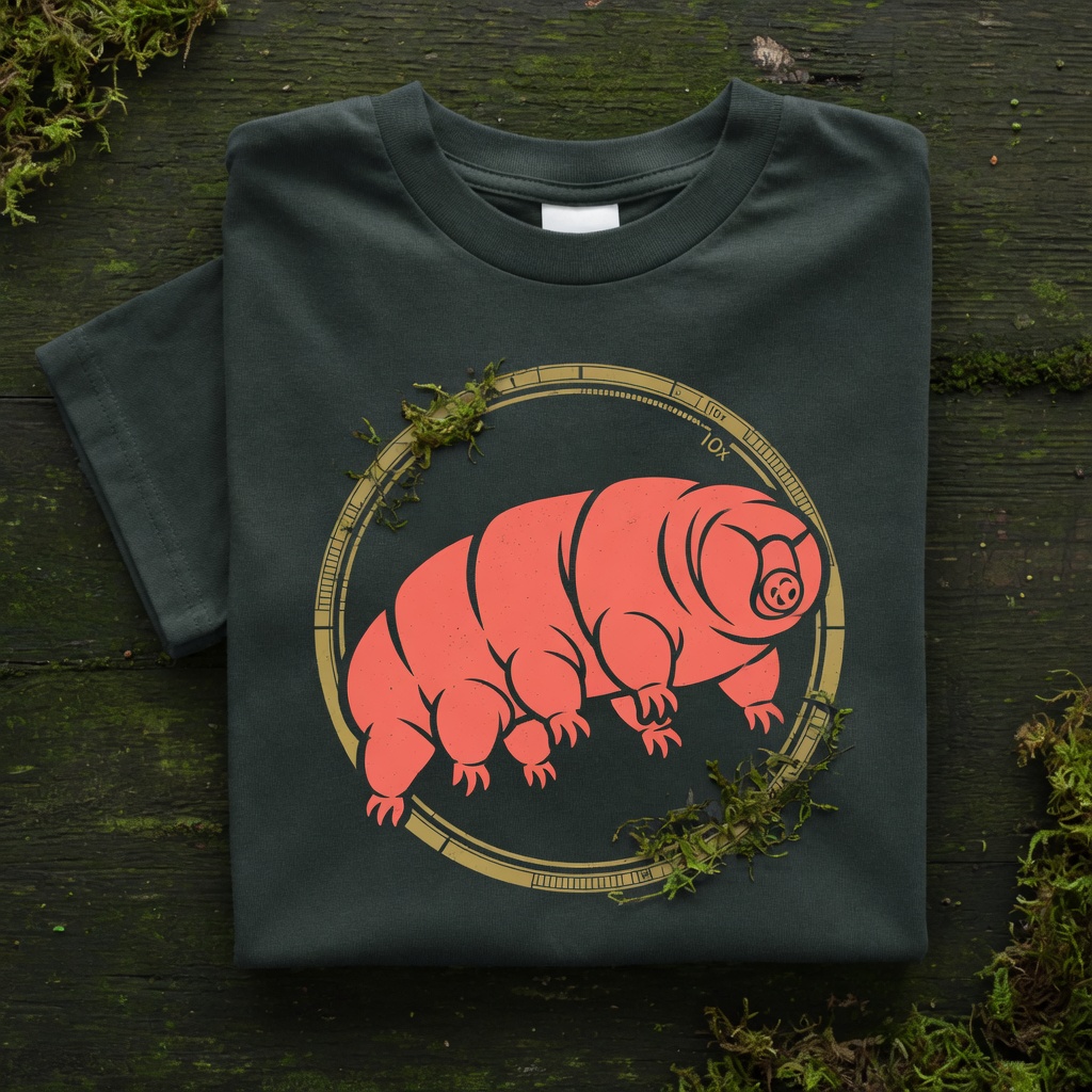 Folded charcoal tee with coral tardigrade print